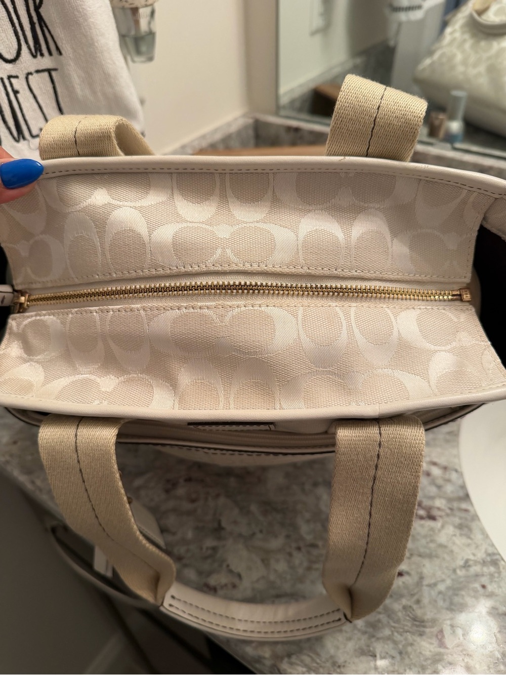 COACH Cream and Beige Signature Canvas Tote with Leather Charm - Picture 5 of 16